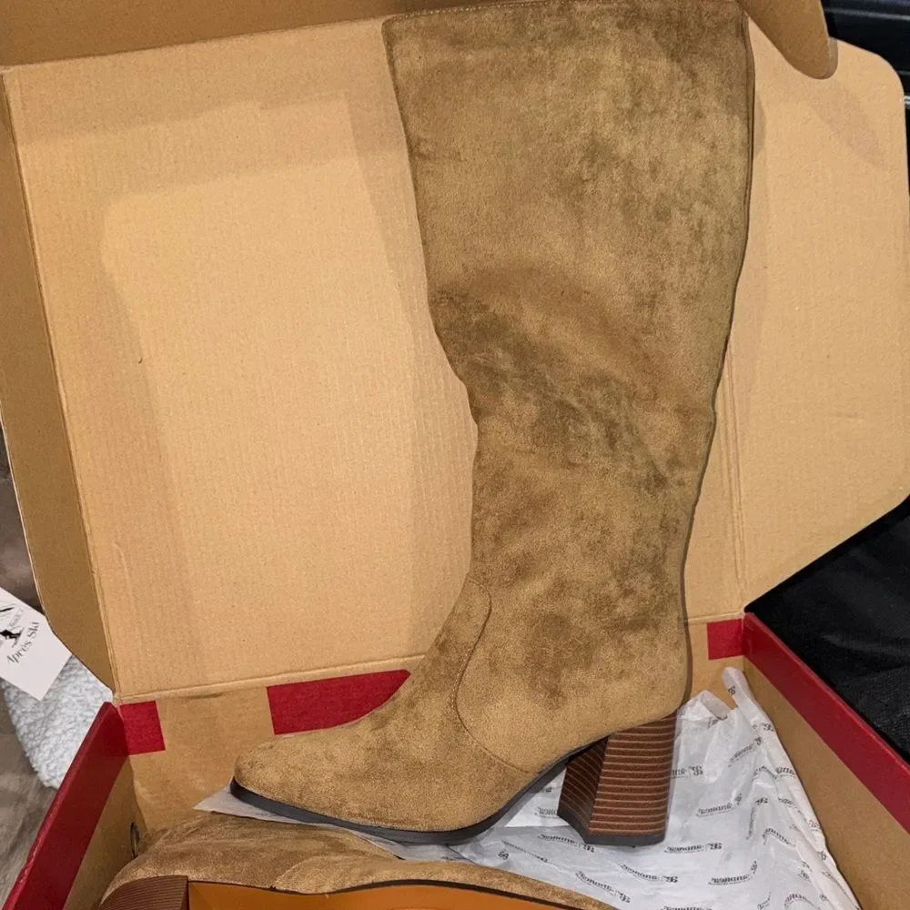 Zara Tan Over-the-Knee Suede-Look Boots with Stacked Block Heel